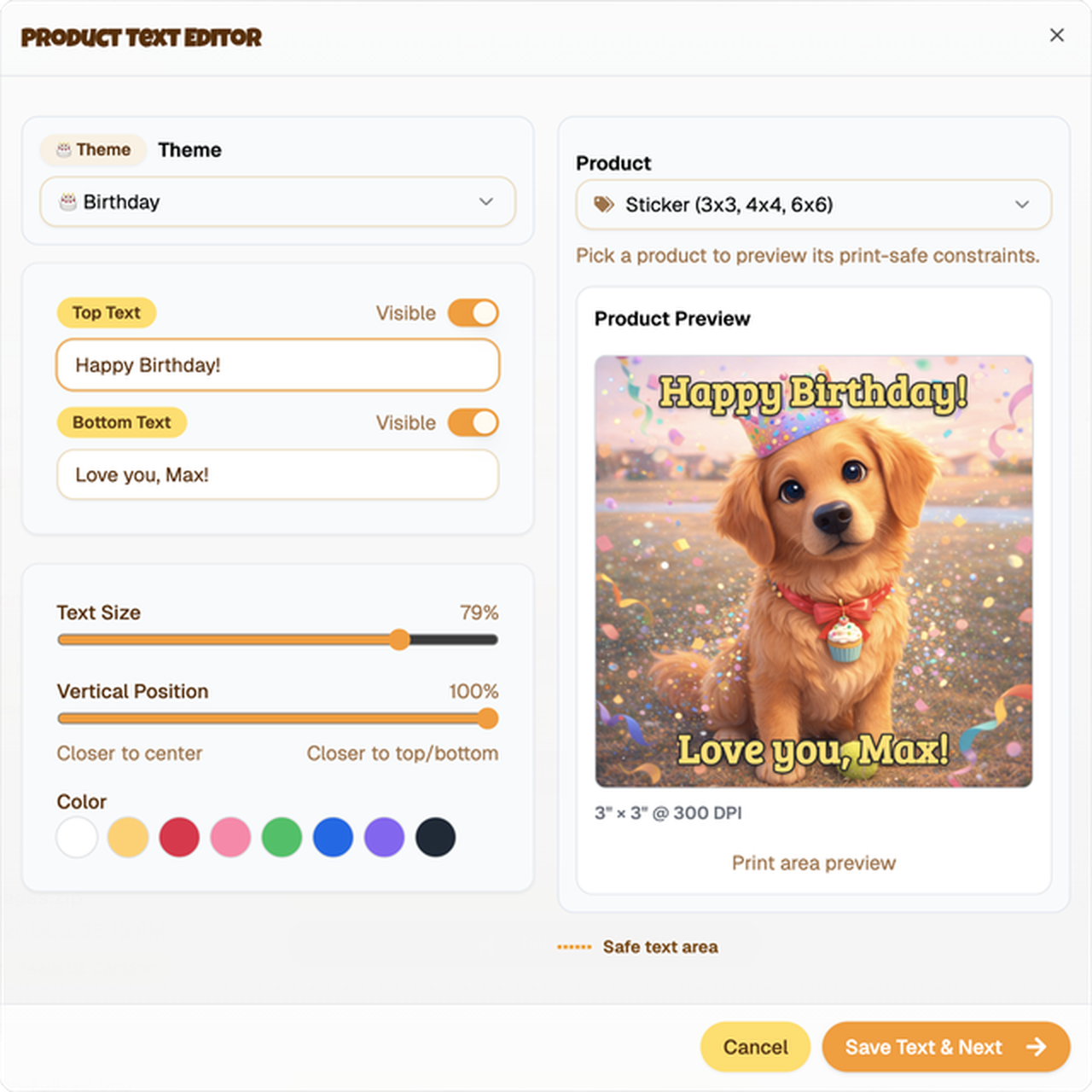 Cartoon pet portrait with a personalized text message overlay
